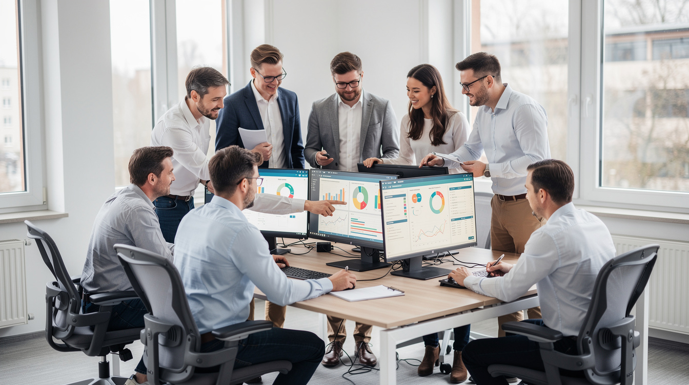 Research team reviewing survey data on screens in a modern office